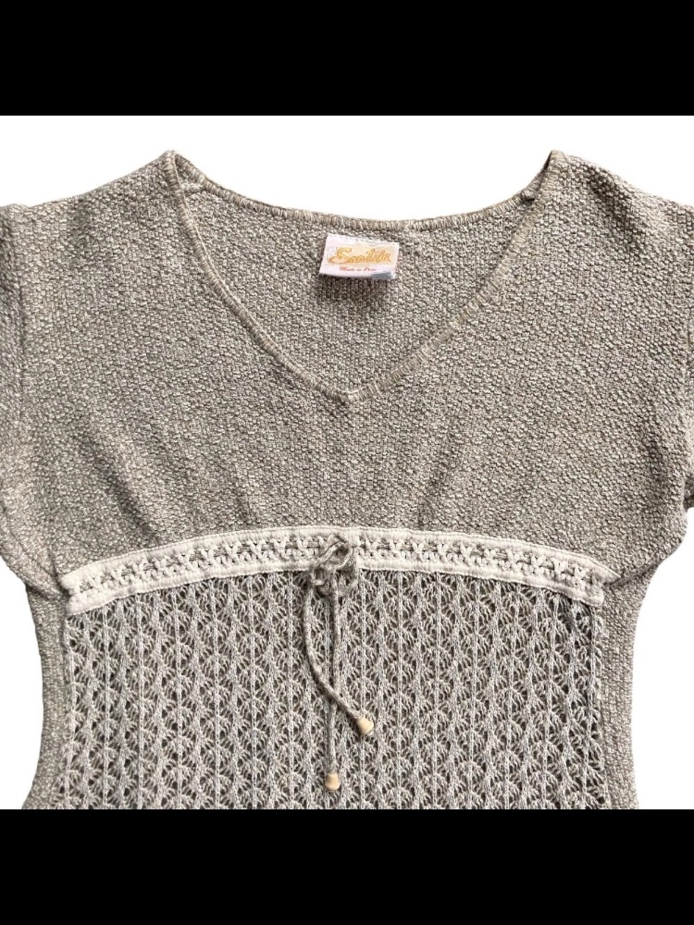 VTG Santika Peru Boho Crochet Knit Top Cotton V Neck Empire Waist 90s
